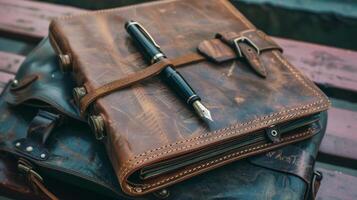 A rustic leather travel journal and fountain pen are strategically packed in a travelfriendly briefcase allowing the traveler to document their luxurious adventures in style photo
