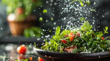 A sprinkling of fresh herbs on top of a dish adding the final touch of flavor before it is enjoyed photo