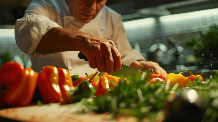 Chopping up vibrant bell peppers as he hums along to the soothing background music the man enjoys his theutic cooking experience