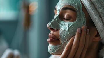 A woman getting ready for the day pampering herself with a silk bathrobe and a face mask photo