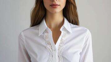 A simple white buttondown shirt elevated by handsewn lace detailing around the collar and cuffs ideal for a sophisticated office look photo
