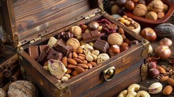 A wooden chest overflowing with an assortment of gourmet nuts dried fruits and artisanal chocolates photo