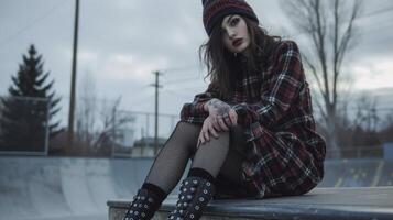 A plaid flannel dress accessorized with fishnet tights studded combat boots and a beanie. The grungy background of a skate park completes the look photo