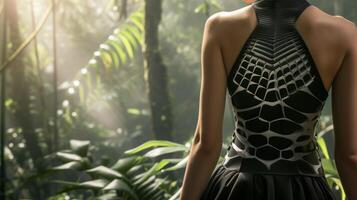 un pulcro vestir con 3d impreso paneles diseñado a adaptar a diferente niveles de humedad haciendo eso Perfecto para un día de al aire libre exploración en un tropical selva foto