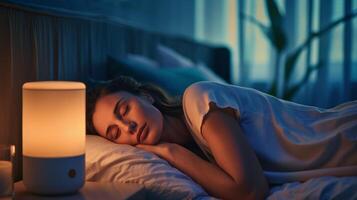 un mujer dormido en un frio oscuro habitación con bloqueo de luz cortinas y un blanco ruido máquina foto