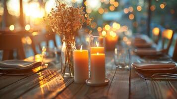 A vase filled with tall slender candles casting a soft glow on a rustic wooden table perfect for a quiet candlelit meal photo