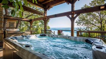 An intimate outdoor spa cabana with a private hot tub overlooking a scenic view photo