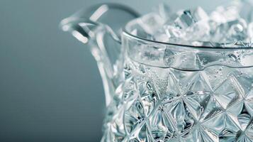 A modern glass pitcher filled with ice water adorned with a geometric pattern in subtle shades of grey photo