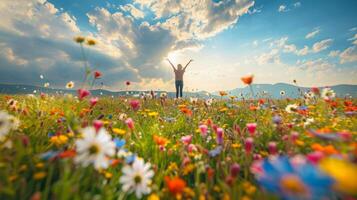 A person stands in a field of wildflowers arms raised to the sky as they practice deep breathing and let go of worries and distractions photo