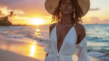 para un puesta de sol playa fiesta optar para un fluido corbata mono declaración pendientes y un de ala ancha Paja sombrero a mantener el mar brisa a bahía mientras bailando en el arena foto