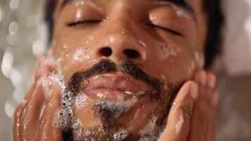 With eyes closed he massaged a gentle cleanser onto his damp skin photo