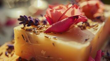 Delicate rose petals and dried lavender buds adorn the top of a wooden soap bar giving off a fragrant and luxurious essence photo