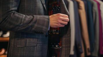 With expert guidance a man chooses the perfect and style for his custom suit taking personal tastes and body shape into consideration photo