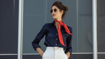 A navy buttondown shirt tucked into white highwaisted trousers finished with a red silk scarf tied around the neck and boat shoes photo