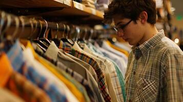 un joven hombre hojeada mediante un estante de Respetuoso del medio ambiente camisas hecho desde orgánico algodón y reciclado materiales foto