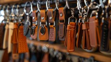 An array of hand handstitched leather keychains hang from a rack each one unique in design and reflective of a craftsmans individual style photo