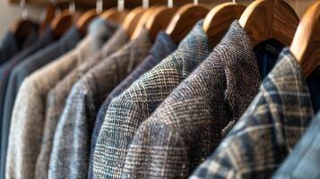 A selection of stylish mens suits made from recycled wool and polyester fabric displayed on a wooden hanger photo