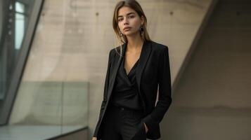A sleek black blazer worn over a relaxedfit camisole top and tailored trousers paired with spy heels and statement drop earrings creates a chic and refined look against th photo