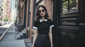 A preppy polo with a midi skirt and statement belt perfect for a day of exploring the city photo