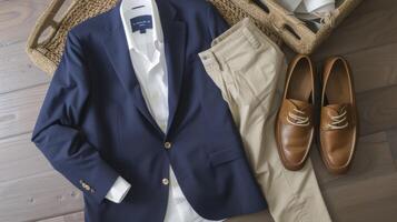 Keep it sophisticated in a navy blue blazer a crisp white buttondown shirt and tan chinos finished with a pair of brown leather loafers. Great for a dinner party at a countr photo