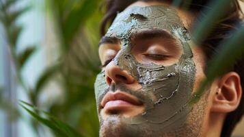 A South American man using a natural clay mask renowned for its detoxifying properties photo