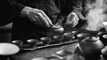 el mans movimientos son deliberar y preciso un testamento a su Dedicación a el práctica de consciente de té ceremonias foto