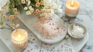 A gorgeous Instagramworthy flat lay features a marble tray filled with various bath products including shimmering bath salts a sugar scrub and a floralscented candle photo