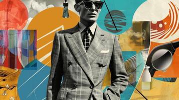 A collage of vintage adver for mens clothing juxtaposed with modern adver for wellness products symbolizing the integration of classic fashion with contemporary selfcare photo