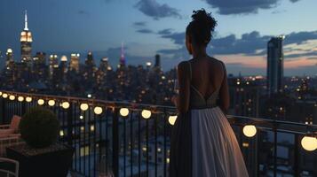 Keep it simple yet impactful with a colorblocked maxi dress in shades of black white and gray perfect for a summer evening on a rooftop bar. The city lights in the backgroun photo