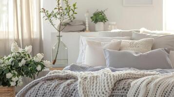 un sereno dormitorio con con buen gusto arreglado almohadas y ropa de cama creando un pacífico y relajante atmósfera foto