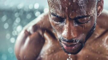 Sweat beads on the mans forehead as he stretches and twists his body building strength in his core photo