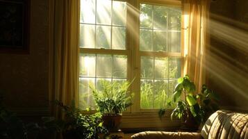 un rayo de luz de sol filtros en mediante el ventana esclarecedor el escena y agregando a el pacífico ambiente foto