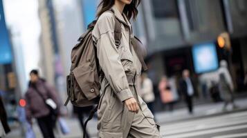 Utilitarian chic A jumpsuit and bomber jacket combo in a muted color palette adorned with functional zippers and pockets perfect for an outdoor fashion show in a bustlin photo