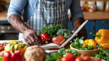 un hombre lee un libro en nutrición inspirado por su personalizado nutrición plan a aprender más acerca de cómo a combustible su cuerpo para óptimo salud foto