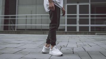 Add a touch of athleisure to your normcore outfit with a pair of black joggers a basic grey tshirt and sleek white trainers perfect for a day of running errands or a casua photo