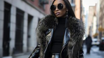 A classic black turtleneck and leather pants combo paired with a statement coat made of luxurious faux fur perfect for a night out on the town photo