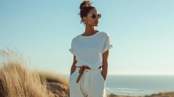 A classic white tshirt paired with highwaisted linen pants and leather slide sandals giving off a clean and effortless coastal vibe photo