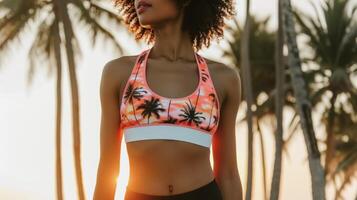 A bright coral sports bra paired with black highwaisted leggings and a white zipup rashguard ideal for a morning jog or paddleboard session on the beach. The pink and orang photo