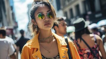 Background A street style scene in a bustling metropolis where fashion and culture collide photo