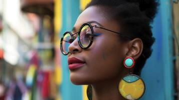 A pair of statement earrings made from recycled gl adding a pop of color to a sustainable outfit while exploring a colorful street market photo