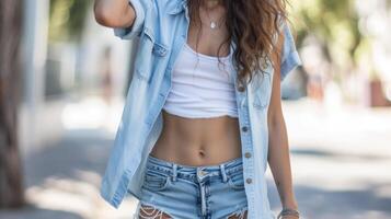 un cielo azul abotonar camisa en capas terminado un crujiente blanco tanque parte superior y emparejado con afligido mezclilla pantalones cortos dando apagado un casual aún elegante verano ambiente foto