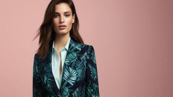 A sleek and modern blazer with a statement botanical print in shades of navy and emerald adds a touch of interest and uniqueness to a classic workwear ensemble. Paired with blac photo
