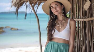 A flowy sea green maxi skirt paired with a cropped white tank top and a layered shell necklace. Complete the look with a woven straw fedora and a pair of beaded hoop earrings photo