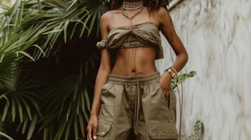 Embrace a laidback bohemian vibe with these loose flowy cargo trousers in a soft khaki color. Complete the look with a breezy offtheshoulder top and some statement jewelry photo