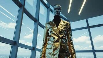 A metallic gold jacket with holographic inserts worn over a black turtleneck and matching vinyl pants. The background is a sleek hightech office space with floortoceilin photo