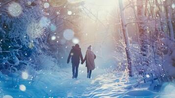 A couple walking hand in hand through a snowy forest with a cashmere throw dd over their shoulders to keep warm photo