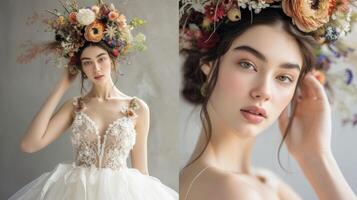 A corset top with lace trim and a full tulle skirt for a modern take on a Victorianinspired bridal look accessorized with a statement floral headpiece photo