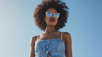 añadir algunos Clásico encanto con un cintura alta sostenible mezclilla falda emparejado con un reciclado poliéster cabestro parte superior y redondo gafas de sol foto