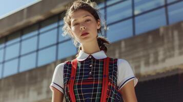 A preppy polo dress in a bold plaid pattern reminiscent of prep school uniforms from the 90s photo