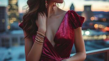 A velvet midi dress with a deep Vneckline paired with statement earrings and stacked bangle bracelets. The luxurious fabric adds a sophisticated touch to this bohemian loo photo